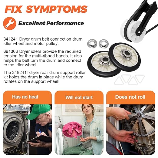 【Newest】 Upgraded 4392065 Dryer Maintenance Repair Kit by Beaquicy - Fit for Whirlpool Ken-More Crosley Admiral Amana Dryer - Package Includes 349241t Drum Roller 341241 Belt and 691366 Idler Pulley