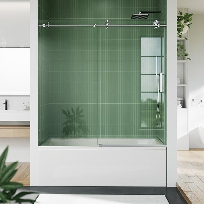 Frameless Bathtub Shower Door 56–60 Inch W × 59 Inch H, Sliding Tub Door with Fixed Panel, 8mm Coated Tempered Glass, Stainless Steel Round Rail