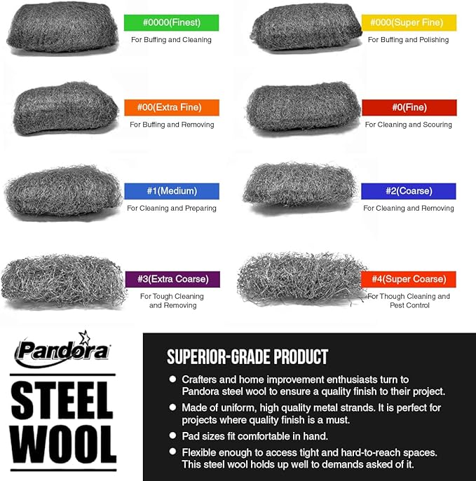 Pandora Steel Wool #1 – Medium Grade, 16 Pads for Cleaning and Preparing- Quality Metal Strands - Ideal for Linoleum Floors, Bowling Balls, and Shoe Soles