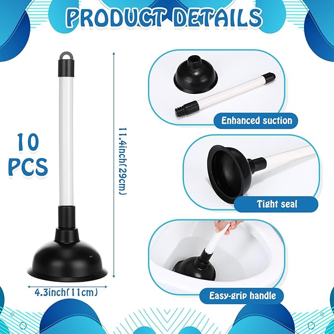 LemonRoad 10 Pcs Toilet Plungers Bulk 11.4 Inch Bathroom Bowl Brush Plungers Drain Pump Removes Clogs Tools with Plastic Handles for Bathroom Hotel Stores