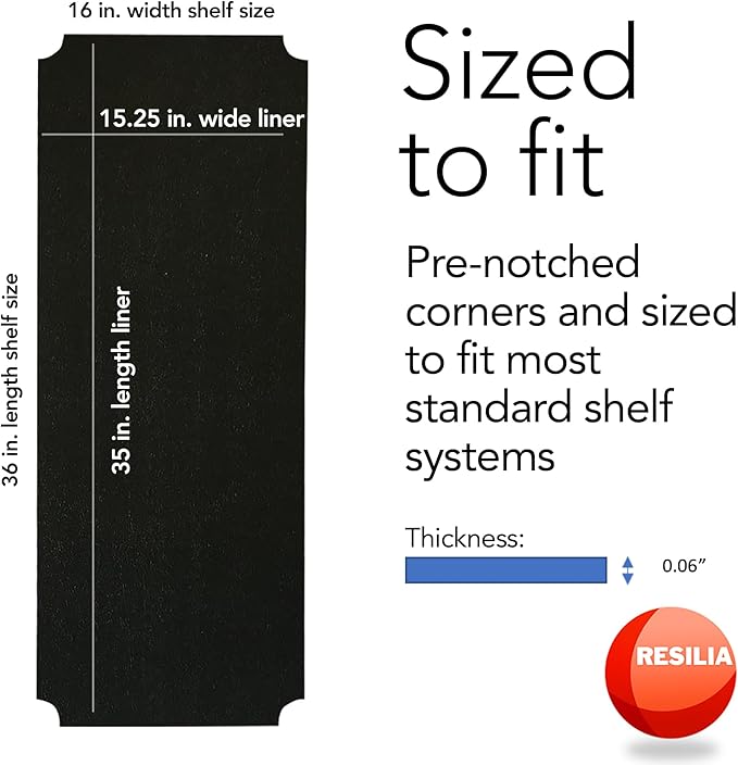 RESILIA Shelf Liner Set for Wire Shelving Rack – 5 Pack, 16 Inch Long x 36 Inch Wide, Black Plastic Vinyl Covers for Kitchen, Pantry, & Garage Racks, Made in The USA