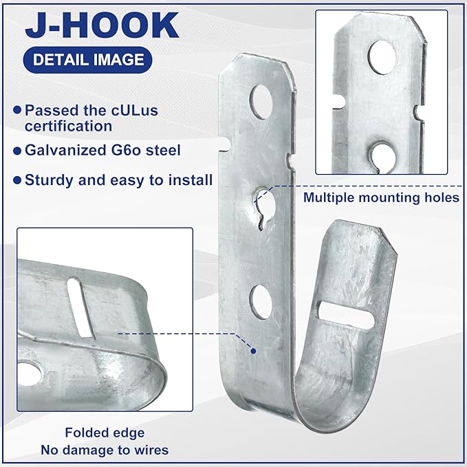 Gisafai 100 Pcs Cable Support J-Hook, 3/4 Inch Metal Garage Hooks for Hanging, Heavy Duty Network for Cable and Wire Management Wall Attaching J Utility, G60 Galvanized Steel, Silver