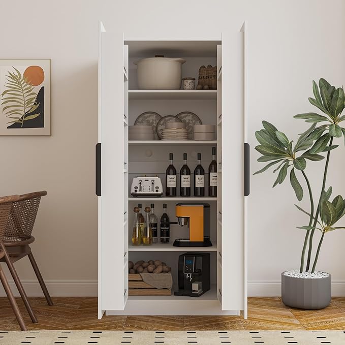KEIKI 63" Tall Kitchen Pantry Storage Cabinet with Door-Side Rack & Shelves, Freestanding Wood Hutch Food Pantries Cupboard for Coffee Bar, Dining Room