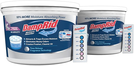 DampRid Hi-Capacity Moisture Absorber Bucket, Lavender Vanilla, 2 lb. 15.5 oz. & Moisture Detection Strip (2 Pack), Attracts & Traps Excess Moisture