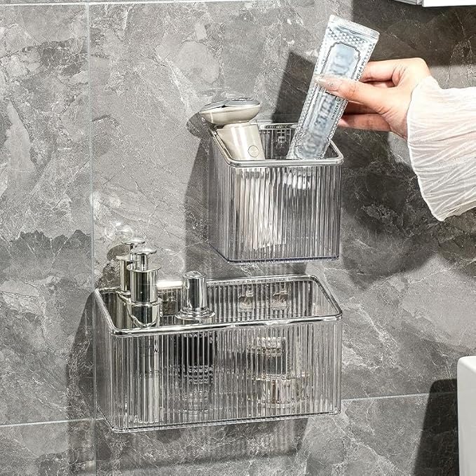 Adhesive Floating Wall Shelves – No Tools Needed for Installation | Perfect for Organizing Makeup, Toiletries & Home Accessories (GreyBody_SilverEdge_Large)