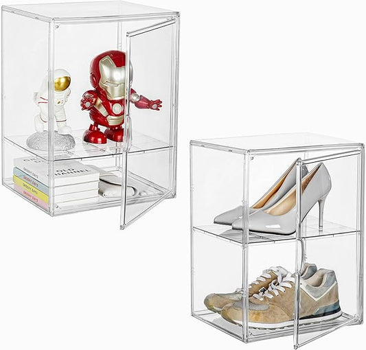 Acrylic Display Case with an Adjustable Divider, 2 Tiers XXX-Large Boot Shoe Storage Boxes Clear Plastic Stackable Storage Bin with Lids,2 Pack Super Large Clear Display Box for Shoes, Collectibles
