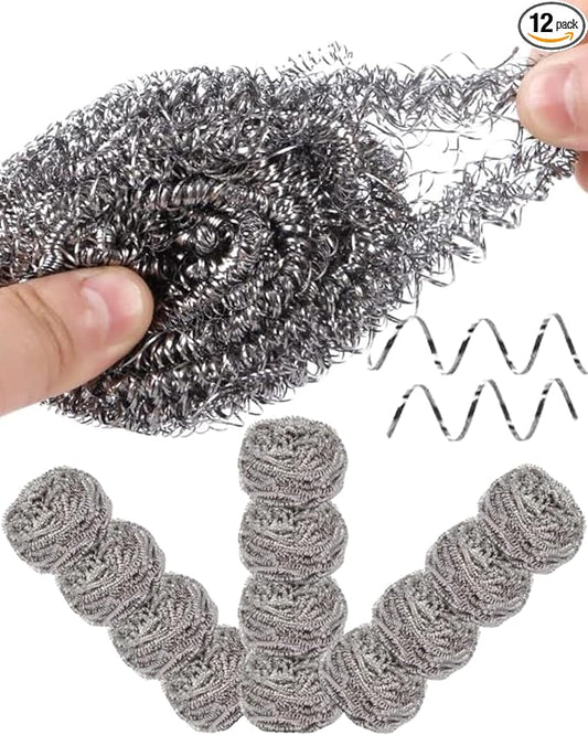 Stainless Steel Wool Scrubber(Pack of 12 Metal Sponges)for Baked-On Messes,Long Lasting & Rust Free Scouring Pads,Multi-Purpose Heavy-Duty Tough Cleaning for Uncoated Cookware/Cast Iron/Pot/Dish/Sink