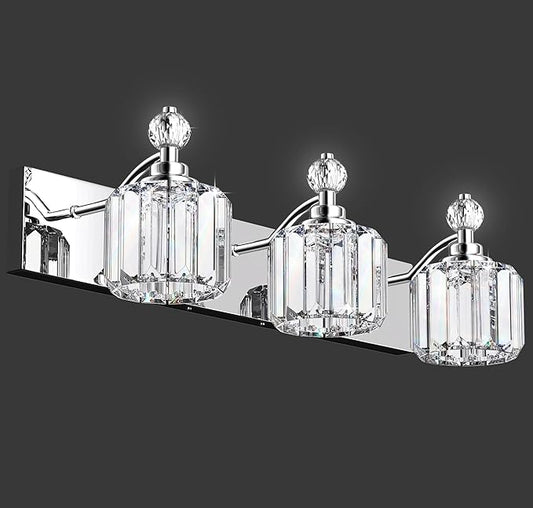 3-Light Bathroom Vanity Light - Crystal Bathroom Lighting Fixtures Over Mirror with 60w(Max) E12 Base, 42pcs Crystal Sheet, Chrome Vanity Lights for Bath Room