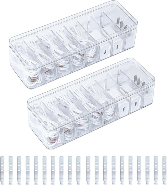 2 Pack Cable Organizer Box with Lid, Plastic Cord Storage Organizer with 8 Adjustable Compartments for Home Office Desk Drawer, Clear Phone Charger Bins