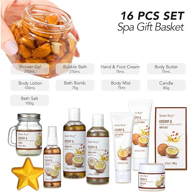 26 Pcs Coconut Honey Almond Spa Gift Basket for Women & Men Spa Gift Basket Luxury Bath and Body Basket Set, Large Luxury Home Spa Kit, Relaxing Self Care Pamper Gifts Birthday Bridal Shower