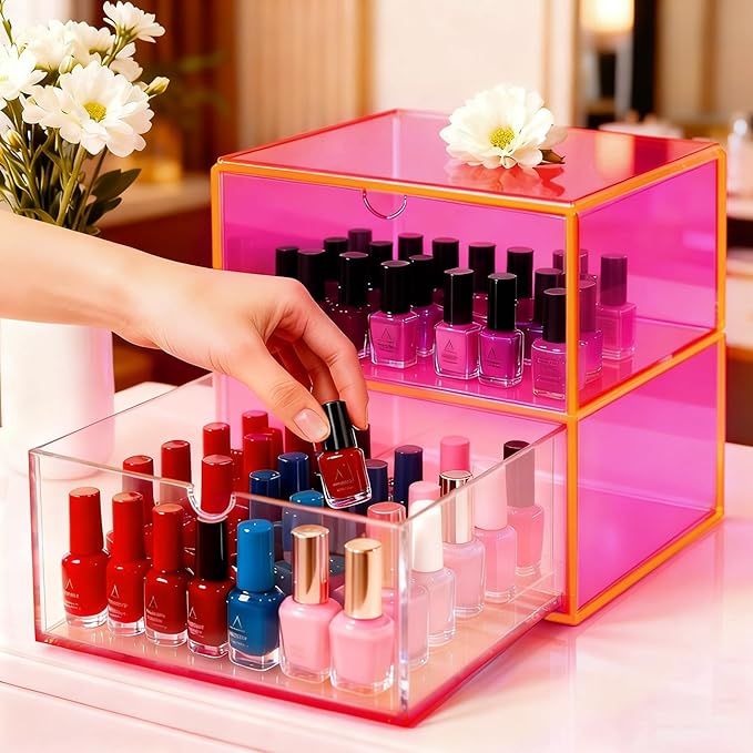 Acrylic Desk Organizer with Drawers Stackable Makeup Organizer for Vanity Office Countertop Cosmetic Display Cases Makeup Storage Box, Neon Pink