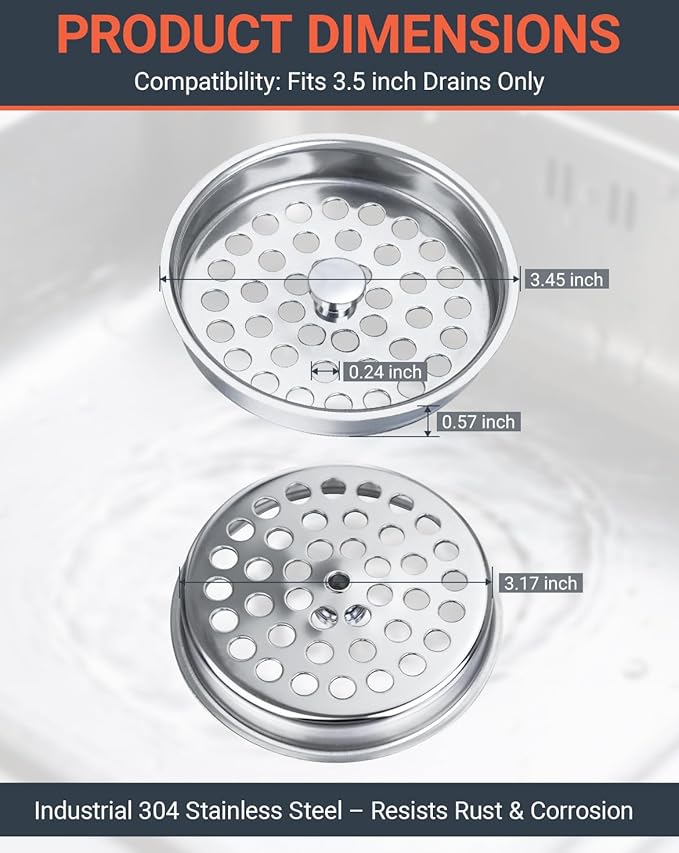 3-1/2 Inch Commercial Sink Strainer - 304 Stainless Steel Clog-Free Drain Cover, Precision Fit for 3.5" Drains & 3 Compartment Sinks, Heavy-Duty for High-Volume Kitchens (3-Pack)