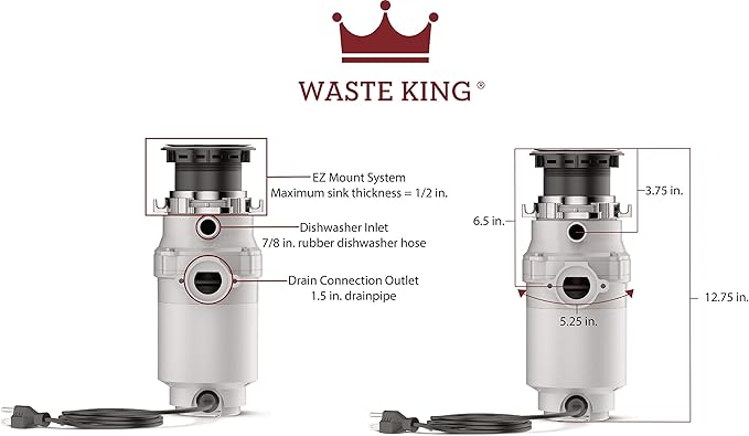 Waste King 1/3 HP Garbage Disposal with Power Cord, Compact Food Waste Disposer for Under Kitchen Sink, L-111 & 1025 Disposer EZ Mount Garbage Disposal Stopper and Splash Guard, Black