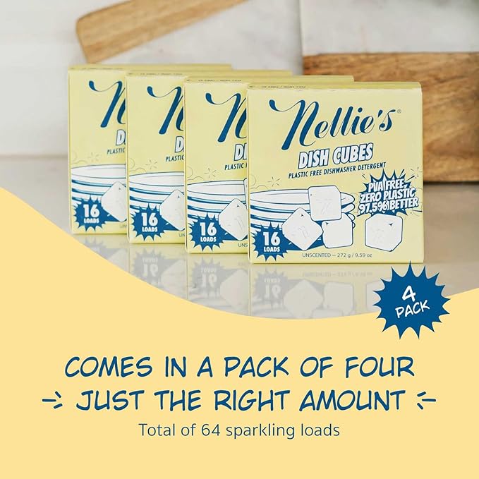 Nellie’s Dish Cubes – 64-Pack (4 Boxes of 16 Cubes) – Compact Dishwasher Detergent – Space-Saving, Plastic-Reduced Packaging – Tough on Grease and Grime – Made in Canada