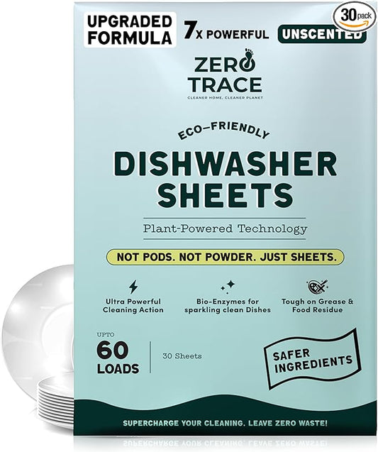 Zero Trace Dishwasher Detergent Eco-Friendly Sheets for Dish Washing - Plant Powered Technology- Unscented- 60 Loads