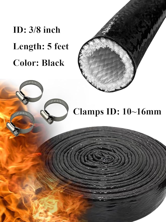 YAMAKATO 3/8" ID Heat Shielded Fire Thermo Armor Fire Sleeve Silicone Coated Fiberglass Heat Protection w/ 3 Clamps for Automotive Hose Lines & Electrical Wiring (Black, 5FT