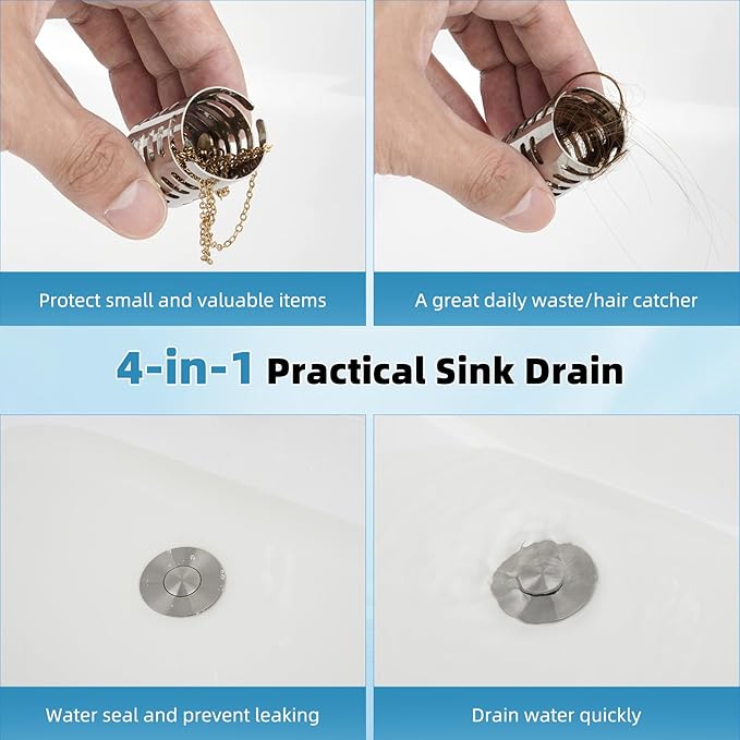 Upgraded Bathroom Sink Drain Strainer Hair Catcher 2PCS Universal 3 in 1 Pop-up Sink Stopper, Fit for 1.1''~2.36'' Basin Hole, with Detachable Stainless Steel Filter Basket, Brushed Nickle