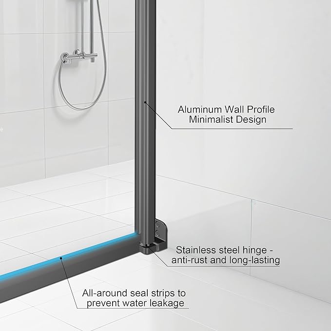 36-Inch Black Shower Door – 72" Height – 115° Opening (Left/Right) – Aluminum Frame – Sliding/Walk-in Glass Enclosure – Tempered Glass