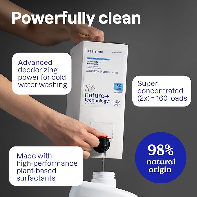 ATTITUDE Liquid Laundry Detergent Refill, EWG Verified, HE Compatible, Plant-Based & Vegan, Natural Laundry Soap, Lavender Scent, 160 Loads, 135.26 Fl Oz (Pack of 2)