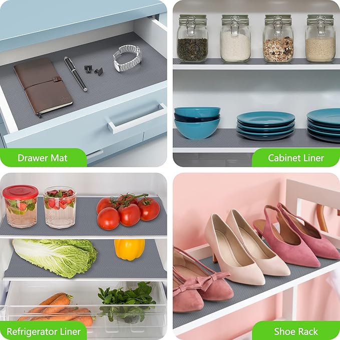 Shelf Liners for Kitchen Cabinets Refrigerator Liners Waterproof & Oil-Proof Kitchen Cupboard Liner Non-Slip Drawer Mats Non Adhesive Fridge Liner for Shelves - Gray 17.5 x 236.2 Inches