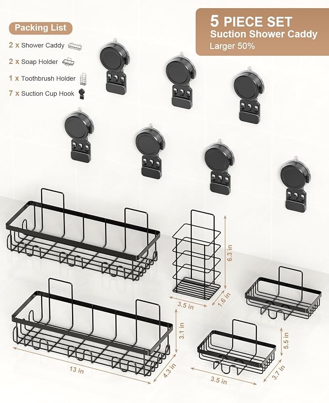 JOTPE Suction Cup Shower Shelf, 5 Pack Powerful Suction Cup Caddy with Hooks & Soap Holder, Drill-Free Wall Mounted Suction Basket, Large Capacity Removable Bathroom Storage, Hanging Up to 40lb/18KG