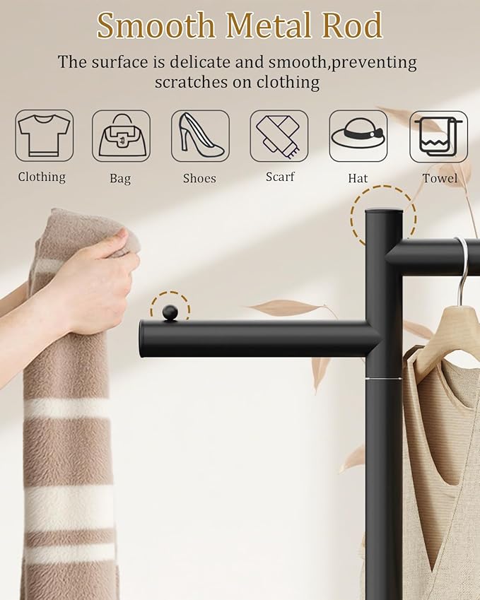 Free-standing Metal Coat Racks, Modern Garment Rack, Z-shaped Coat Tree with Natural Rock Base, for Bedroom, Office, Hallway, Entryway, Living Room, 175cm, Blackness