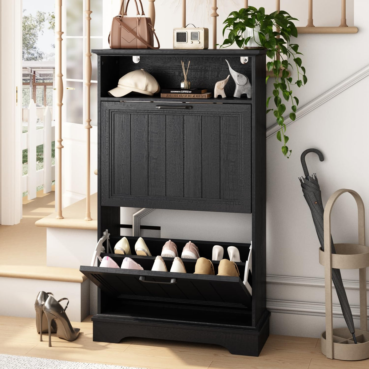 24" W Hidden Shoe Storage Cabinet with 2 Flip Drawers & - Image 1