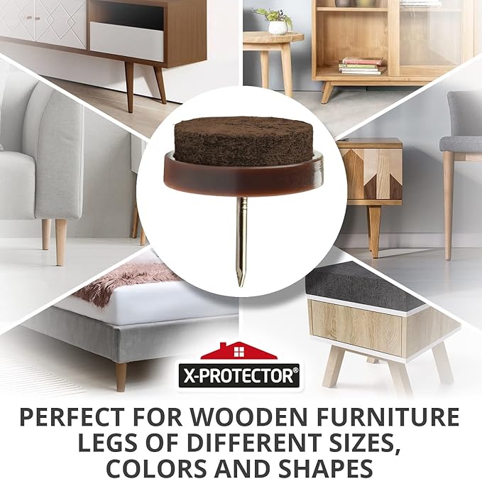 Nail-on Felt Pads X-PROTECTOR 40 PCS - 1.1" Felt Furniture Pads - Brown Chair Leg Floor Protectors - Nail in Furniture Pads for Furniture Legs - The Best Felt Chair Pads for Hardwood Floors (28mm)!
