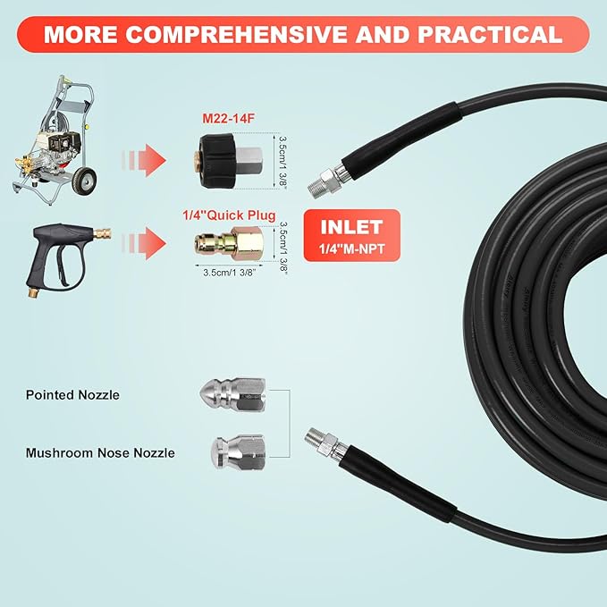 Sewer Jetter Kit for Pressure Washer, Water Jet Drain Cleaning Hose with Pionter Button Nose Nozzle 1/4" NPT Sewer Cleaning Tool High-Pressure Nozzles,5800 PSI 25 FT