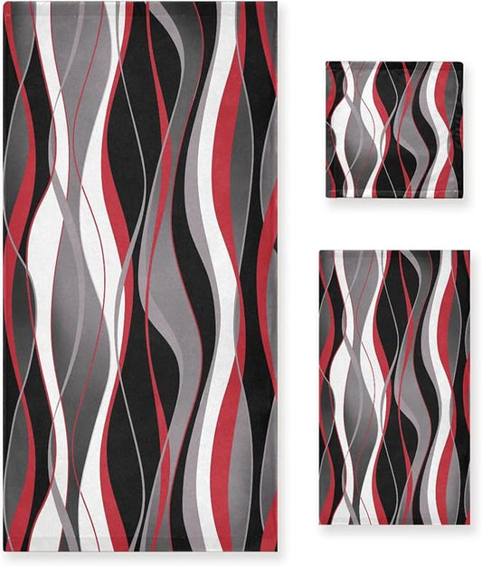 3 Piece Red Black Striped Bath Towels Set,Microfiber Absorbent White Grey Abstract Modern Minimalist Towels for Bathroom,1 Bath Towel,1 Hand Towel,1 Washcloth,Decorative Bathroom Towels