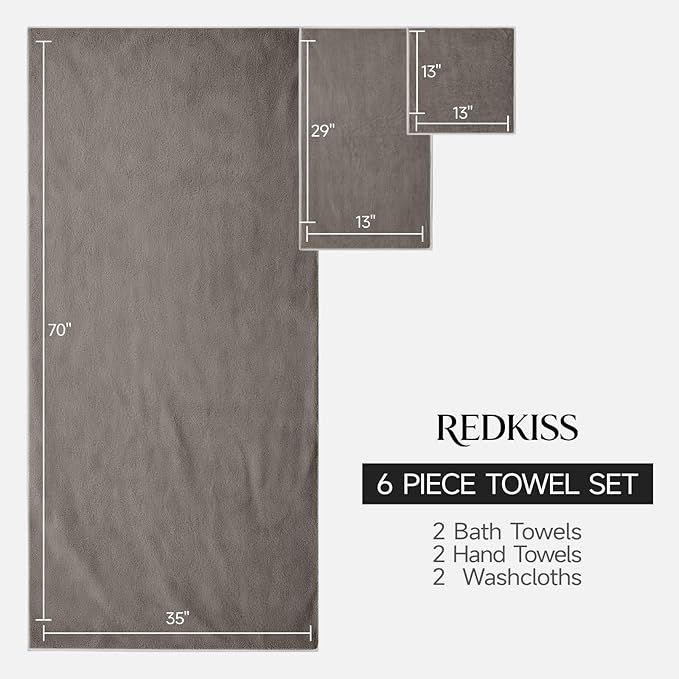 REDKISS 6 Piece Towel Set - 2 Bath Sheets, 2 Hand Towels, 2 Washcloths, 670GSM Ultra Soft & Highly Absorbent, Quick Dry, Brown Bath Towel Sets for Bathroom, Spa, Hotel, Gym