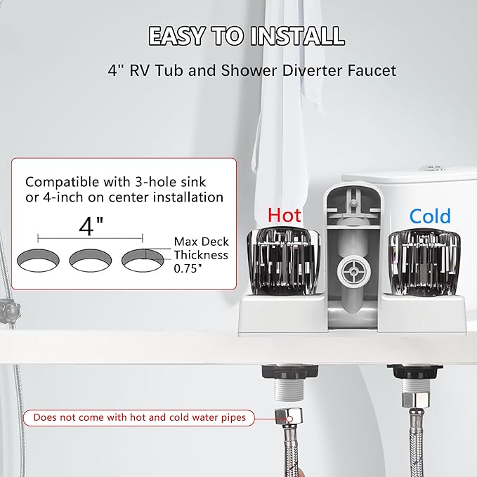 4" RV Shower Faucet with Hose and 5-Spray Modes Shower Head, ABS RV Tub Faucet with Shower Diverter, Outdoor Shower Kit Fits for RV, Campers, Travel Trailer, Motorhome