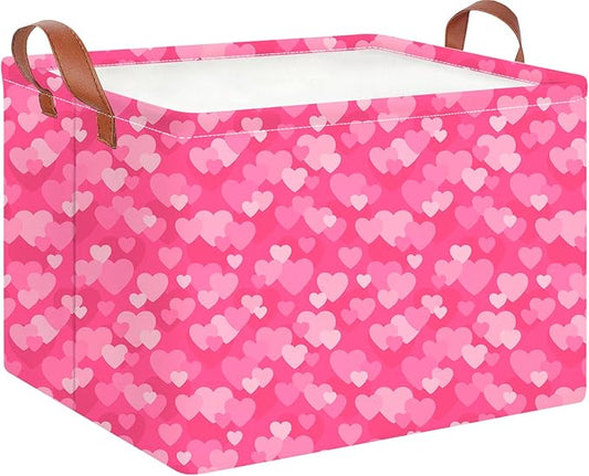 CLOCOR Rectangular Pink Valentine's Day Basket Empty, Heart Print Gift Basket for Valentines, Waterproof Storage Container with Handles,(Highlight Heart)
