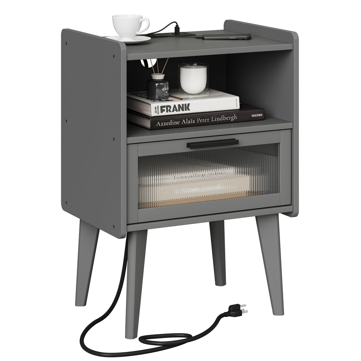 MMEOLUOOK Nightstand with Charging Station, Bedside Tables Grey - Image 1