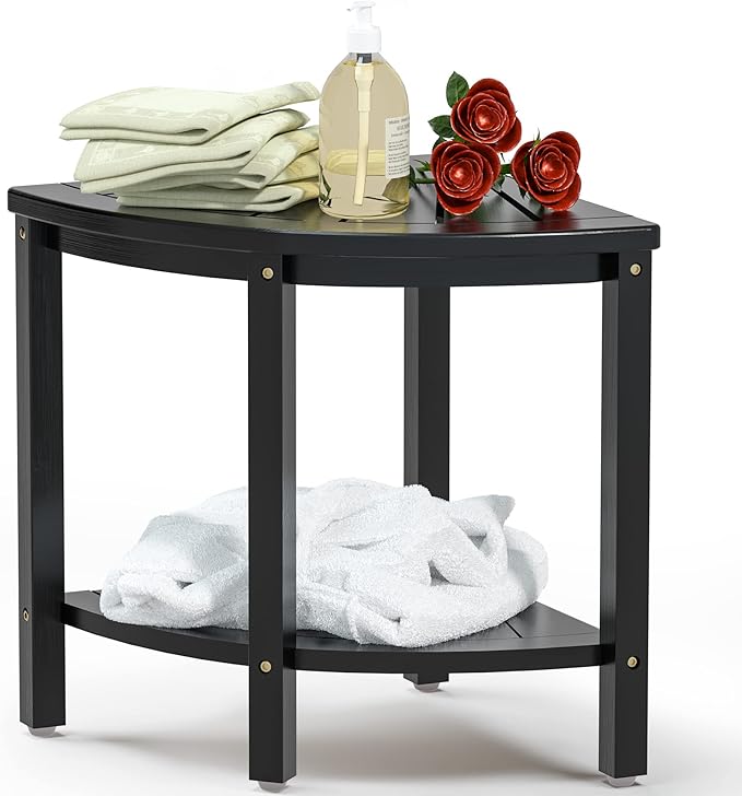 Bamboo Corner Shower Bench Waterproof Stool with Space-Efficient Storage Shelf - Shower Stool Seat for Indoor or Outdoor Use(Black)