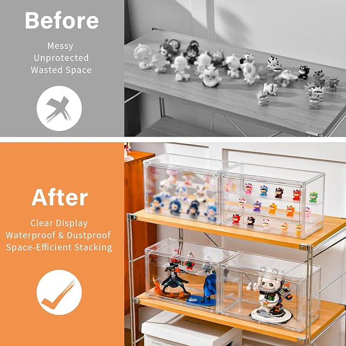 Clear Acrylic Display Case for Collectibles - 3-Tier Adjustable Figure Display with Magnetic Door & Removable Shelves,Stackable Dispaly box for Figures - 2 Pack