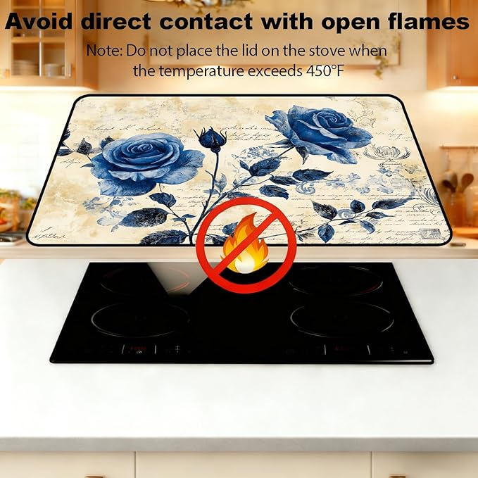 Glass Stove Top Covers for Electric Stove, Heat Resistant Counter Protector Mat, Non Slip Waterproof Surface Cover for Kitchen Counter and Cooktop (Blue Roses, 28"L x 20"W)