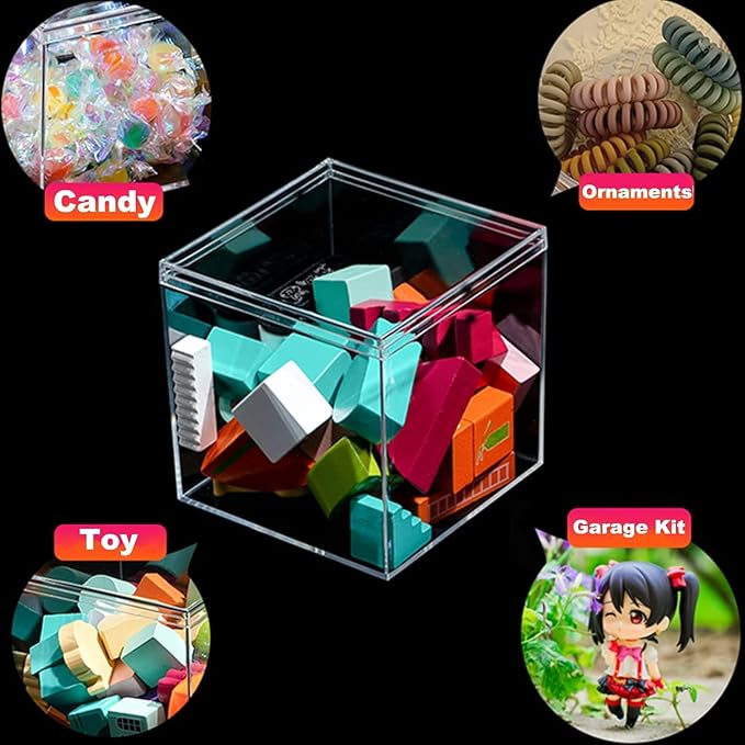 Acrylic Box 2 Packs Clear Square Cube Acrylic Display Boxes Multi-Purpose Storage Box Container Acrylic Decorative Boxes with Lids for Birthday Valentine's Day Party Favor Candy Pill and Tiny Jewelry