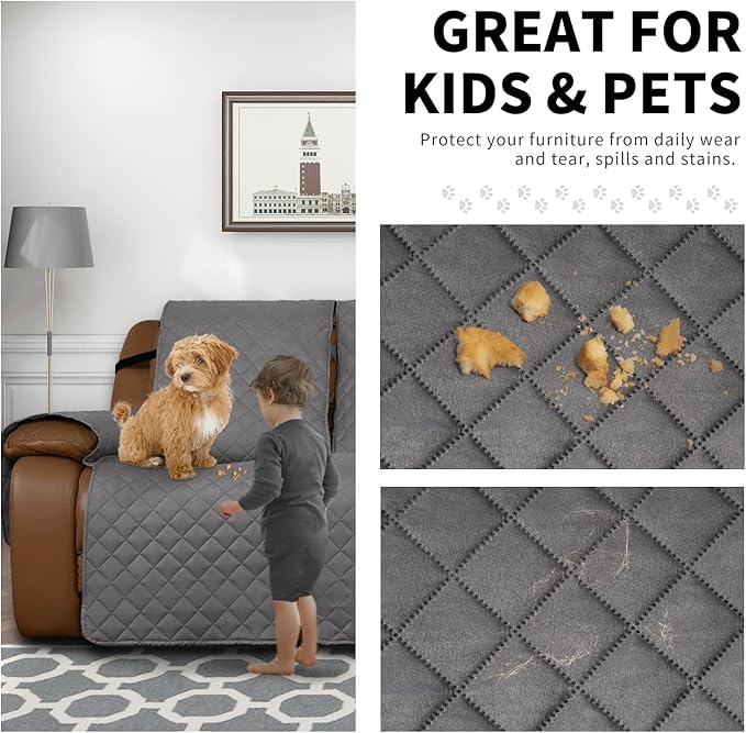 Easy-Going Oversized Recliner Sofa Cover, Reversible Couch Cover for 3 Seat Recliner, Split Sofa Cover for Each Seat with Elastic Straps for Kids, Dogs, Pets (3 Seater, Gray/Gray)