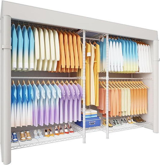 Ulif E12C Max Heavy Duty Closet Organizer System，Freestanding Clothing Rack, Adjustable Garment Rack 83" W x 16" D x 76.5" H Holds 1060 lbs, White Clothing Rack with White Dustproof Cover