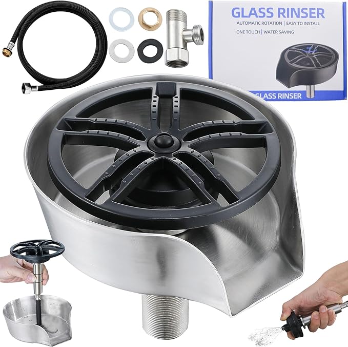 Glass Rinser and Cup Washer for Sink, 360° Rotating Spray Nozzle with Pull-Out Design, Bottle Cleaner - Tilted Base Prevents Splashing, Kitchen Sink Accessories for Home & Bar (Easy Install-Silver)