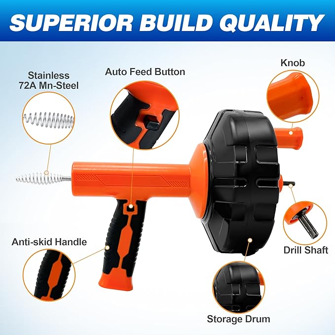Auto Feed Drain Auger with Gloves, 33 Ft Drain Snake Hair Clog Remover, Heavy Duty Plumbing Snake Drain Clog Remover for Bathroom Sink, Bathtub Drain, Shower Cleaning