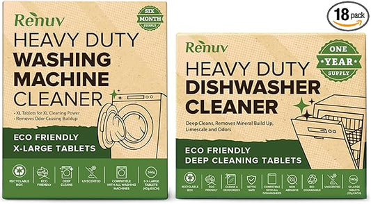 Renuv® Dishwasher Cleaner + Washing Machine Cleaner Bundle - Heavy Duty Appliance Deep Cleaning, Descaling and Deodorizing.