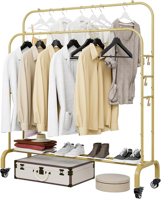 SUOERNUO Garment Rack with Wheels Clothing Rack for Hanging Clothes Multi-functional Bedroom Clothes Rack，Gold+Double Rods