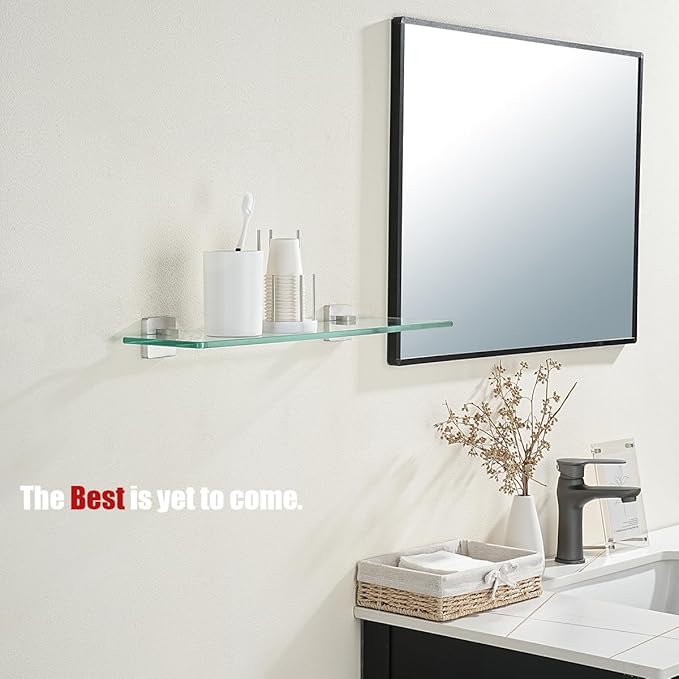 JQK Bathroom Glass Shelf, Floating Tempered Glass Shower Storage 20 by 5 inches, 304 Stainless Steel Brushed Finish Wall Mount, TGS201L20-BN