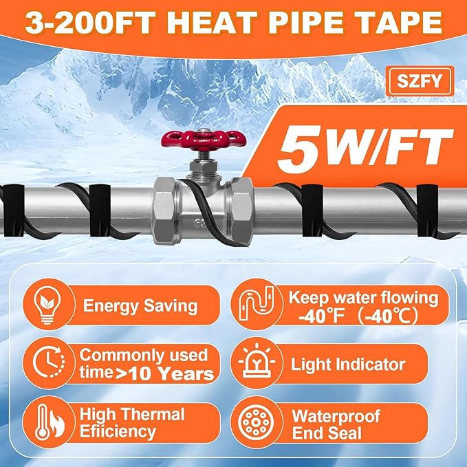 120FT Heat Tape for Water Pipes, -40°F Deicing Cable,Pipe Heating Cables for Roof,Gutter，Farm，Freeze Protetion Heat Trace Cable, Heated Water Hose,Plumbing Fixtures,120V 5W/FT