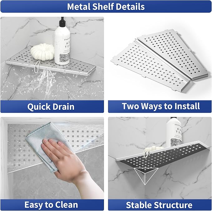 Corner Shower Shelf, 12" Trapezoid Grout in Shelf, 304 Stainless Steel Grid Design Recessed Bathroom Shelf for Tiled Wall