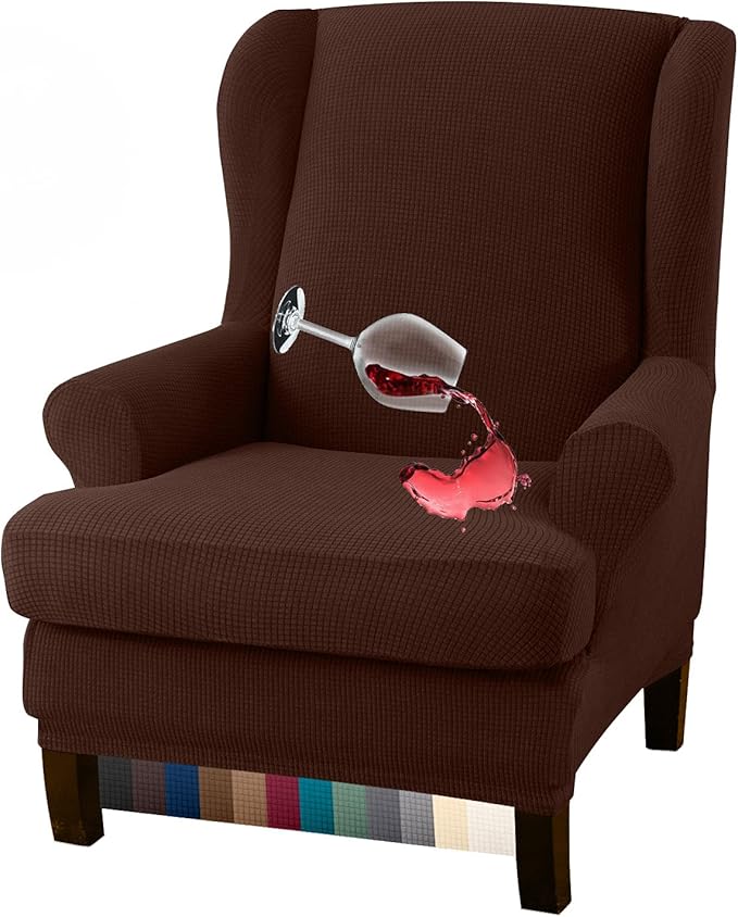 Granbest Premium Water Repellent Wingback Chair Cover 2-Piece High Stretch Jacquard Fabric Wing Back Chair Slipcovers (Wing Chair Cover, Chocolate)
