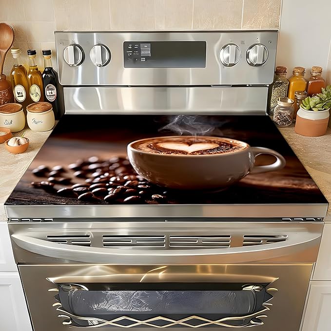 Stove Top Covers for Electric Stove, Grease-Resistant Stove Protector, Scratch-Blocking Surface Mat, Easy-Care Worktop Cover, 28.3 x 20.5 Inches, Coffee Latte Theme Decor(Coffee)