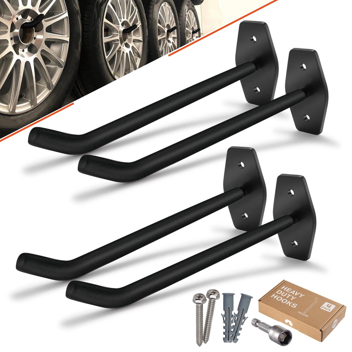 4 Pack 10-Inch Heavy Duty Garage Hooks, Tire Wall Mount, Black - Image 1